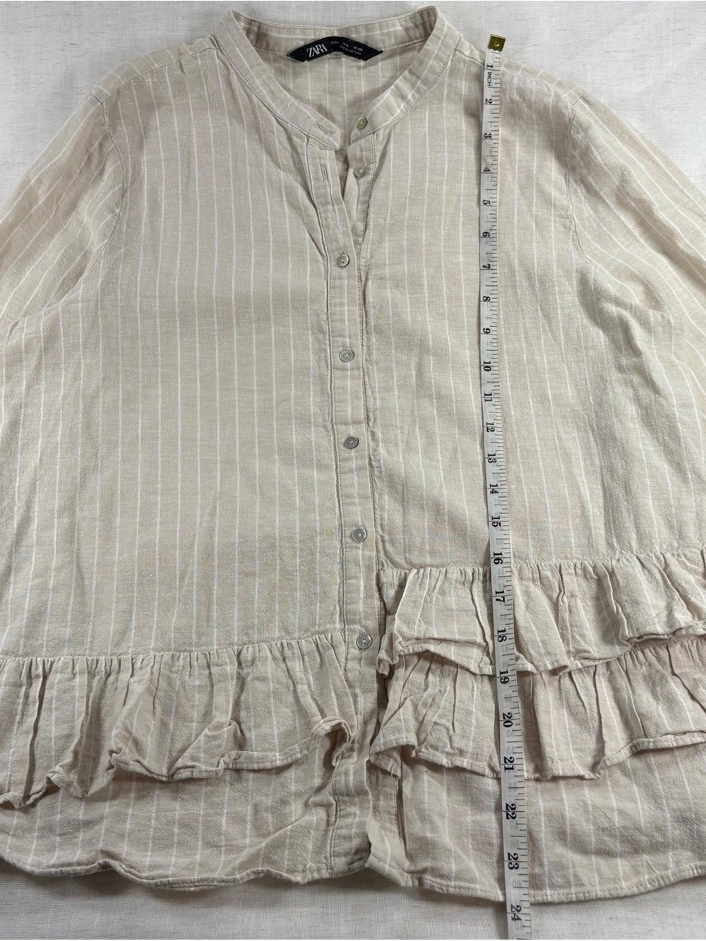 Zara Cream Striped Ruffle Button-Down Blouse - Picture 5 of 7